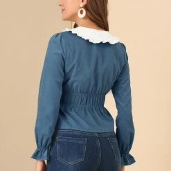 Allegra K Women's Contrast Ruffle Peter Pan Collar Smocked Waist Blouse 14 Allegra K Women's Contrast Ruffle Peter Pan Collar Smocked Waist Blouse