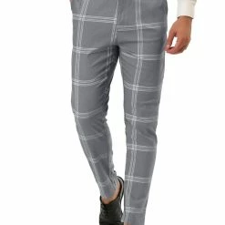 Allegra K Men's Plaid Dress Pants Casual Slim Fit Flat Front Checked Printed Business Trousers