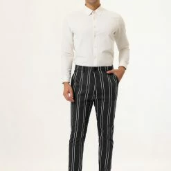 Allegra K Men's Dress Striped Pants Slim Fit Flat Front Business Prom Pencil Trousers