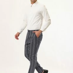 Allegra K Men's Dress Striped Pants Slim Fit Flat Front Business Prom Pencil Trousers