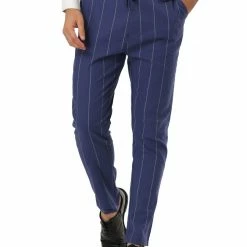 Allegra K Men's Business Striped Pants Drawstring Waist Slim Fit Dress Trousers