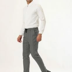 Allegra K Men's Business Striped Pants Drawstring Waist Slim Fit Dress Trousers