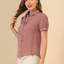 Allegra K Women's Polka Dots Short Sleeve Bow Tie Peter Pan Collar Chiffon Blouse