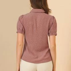 Allegra K Women's Polka Dots Short Sleeve Bow Tie Peter Pan Collar Chiffon Blouse