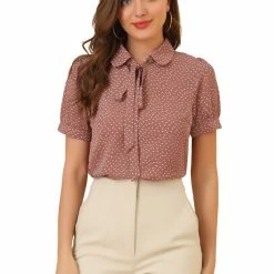 Allegra K Women's Polka Dots Short Sleeve Bow Tie Peter Pan Collar Chiffon Blouse