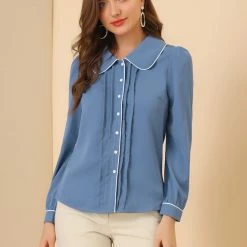 Allegra K Women's Casual Peter Pan Collar Contrast Shirt Puff Sleeve Work Blouse Tops