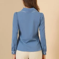 Allegra K Women's Casual Peter Pan Collar Contrast Shirt Puff Sleeve Work Blouse Tops