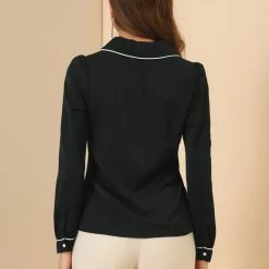 Allegra K Women's Casual Peter Pan Collar Contrast Shirt Puff Sleeve Work Blouse Tops