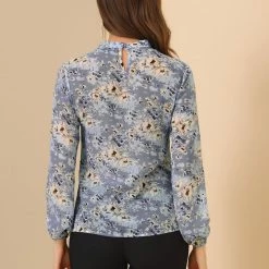 Allegra K Women's Work Office Floral Semi Sheer Blouses Stand Collar Puff Long Sleeve Chiffon Tops
