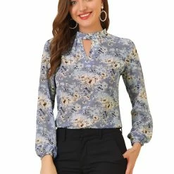 Allegra K Women's Work Office Floral Semi Sheer Blouses Stand Collar Puff Long Sleeve Chiffon Tops
