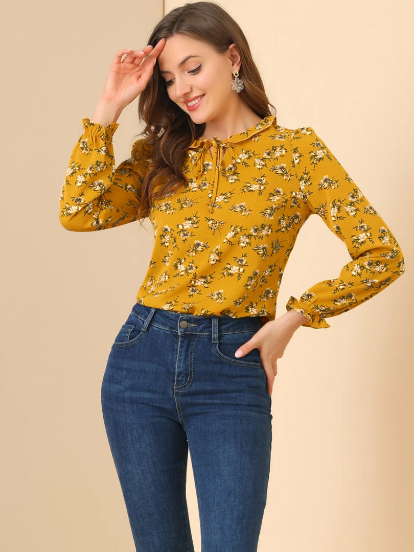 Allegra K Women's Ruffled Sleeve Blouse Frill Neck Self Tie Elegant Chiffon Floral Top 17 Allegra K Women's Ruffled Sleeve Blouse Frill Neck Self Tie Elegant Chiffon Floral Top