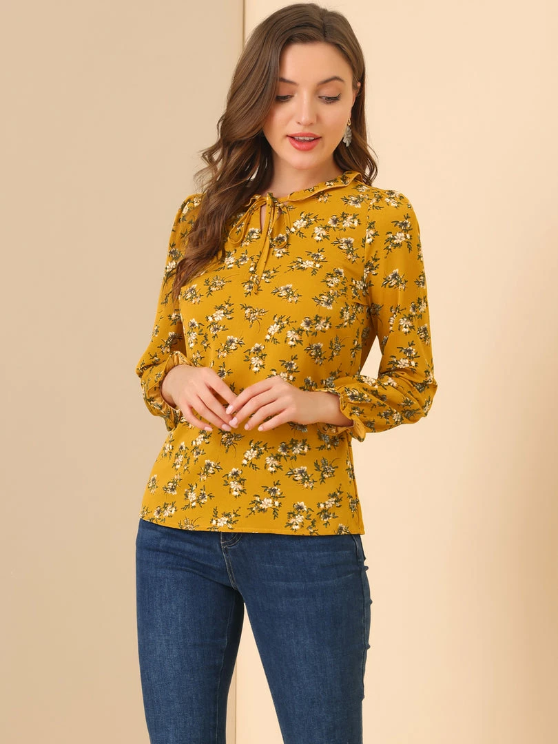Allegra K Women's Ruffled Sleeve Blouse Frill Neck Self Tie Elegant Chiffon Floral Top 18 Allegra K Women's Ruffled Sleeve Blouse Frill Neck Self Tie Elegant Chiffon Floral Top