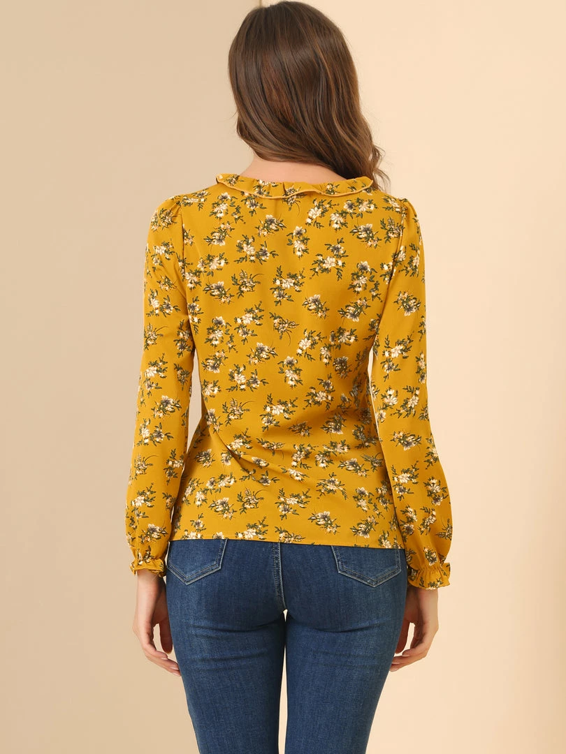 Allegra K Women's Ruffled Sleeve Blouse Frill Neck Self Tie Elegant Chiffon Floral Top 20 Allegra K Women's Ruffled Sleeve Blouse Frill Neck Self Tie Elegant Chiffon Floral Top