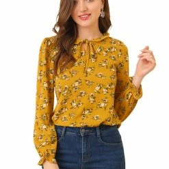 Allegra K Women's Ruffled Sleeve Blouse Frill Neck Self Tie Elegant Chiffon Floral Top 34 Allegra K Women's Ruffled Sleeve Blouse Frill Neck Self Tie Elegant Chiffon Floral Top