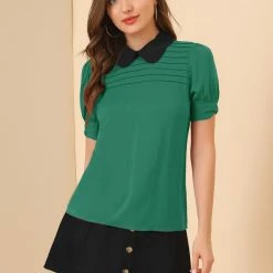 Allegra K Women's Peter Pan Collar Contrast Puff Short Sleeve Casual Blouse Top