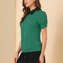 Allegra K Women's Peter Pan Collar Contrast Puff Short Sleeve Casual Blouse Top