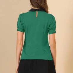 Allegra K Women's Peter Pan Collar Contrast Puff Short Sleeve Casual Blouse Top