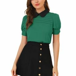 Allegra K Women's Peter Pan Collar Contrast Puff Short Sleeve Casual Blouse Top