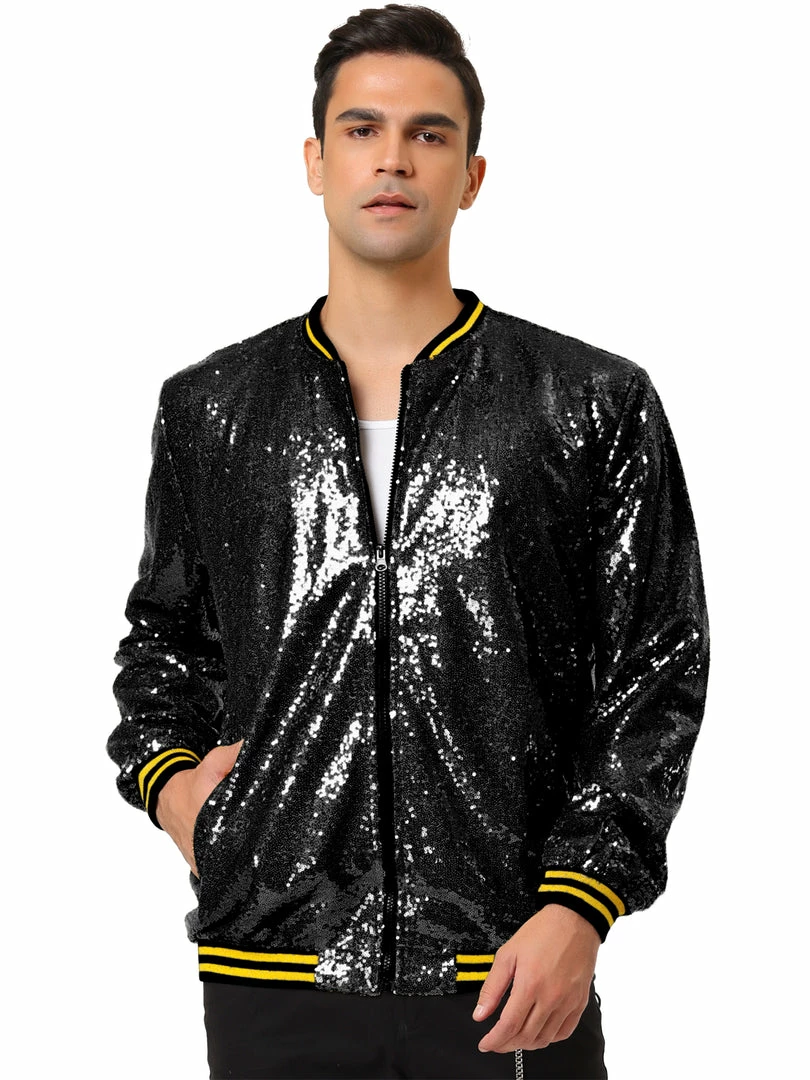 Allegra K Men's Sequin Varsity Jacket Long Sleeve Zipper Glitter Sequins Bomber Jacket 29 Allegra K Men's Sequin Varsity Jacket Long Sleeve Zipper Glitter Sequins Bomber Jacket