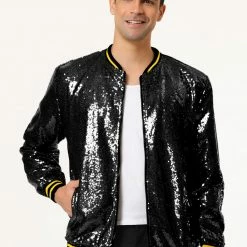 Allegra K Men's Sequin Varsity Jacket Long Sleeve Zipper Glitter Sequins Bomber Jacket 71 Allegra K Men's Sequin Varsity Jacket Long Sleeve Zipper Glitter Sequins Bomber Jacket