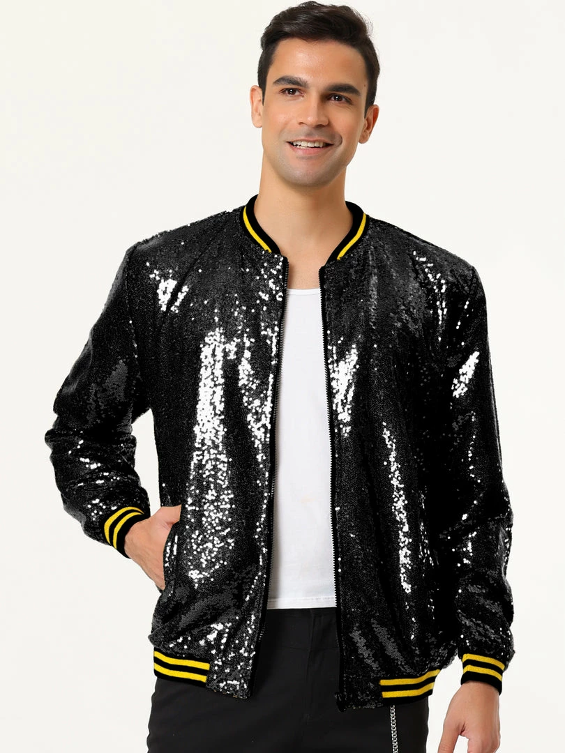 Allegra K Men's Sequin Varsity Jacket Long Sleeve Zipper Glitter Sequins Bomber Jacket 30 Allegra K Men's Sequin Varsity Jacket Long Sleeve Zipper Glitter Sequins Bomber Jacket