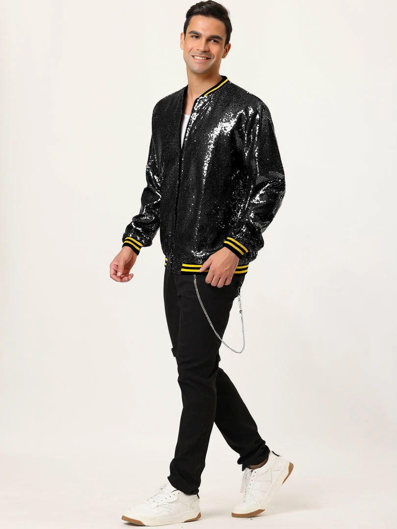 Allegra K Men's Sequin Varsity Jacket Long Sleeve Zipper Glitter Sequins Bomber Jacket 31 Allegra K Men's Sequin Varsity Jacket Long Sleeve Zipper Glitter Sequins Bomber Jacket
