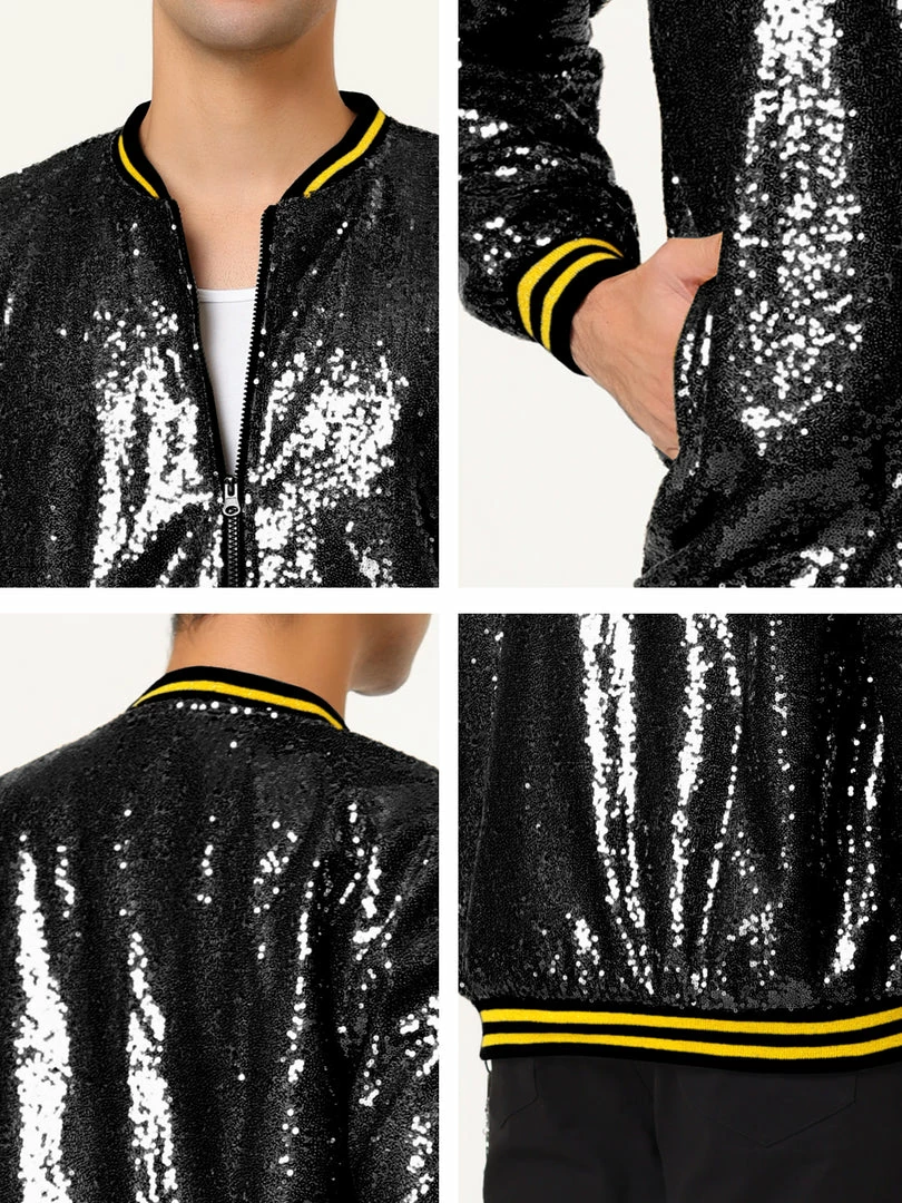 Allegra K Men's Sequin Varsity Jacket Long Sleeve Zipper Glitter Sequins Bomber Jacket 32 Allegra K Men's Sequin Varsity Jacket Long Sleeve Zipper Glitter Sequins Bomber Jacket