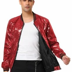 Allegra K Men's Sequin Varsity Jacket Long Sleeve Zipper Glitter Sequins Bomber Jacket 75 Allegra K Men's Sequin Varsity Jacket Long Sleeve Zipper Glitter Sequins Bomber Jacket