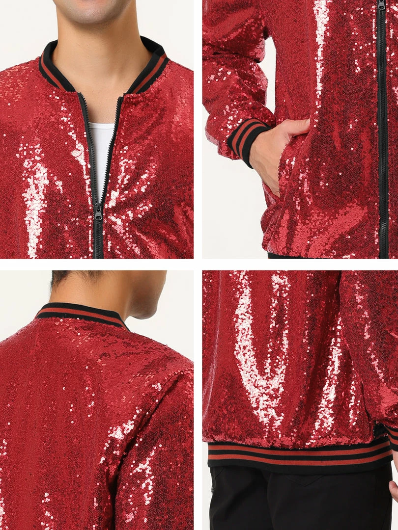 Allegra K Men's Sequin Varsity Jacket Long Sleeve Zipper Glitter Sequins Bomber Jacket 38 Allegra K Men's Sequin Varsity Jacket Long Sleeve Zipper Glitter Sequins Bomber Jacket