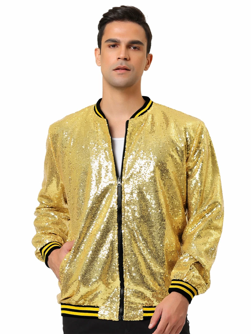 Allegra K Men's Sequin Varsity Jacket Long Sleeve Zipper Glitter Sequins Bomber Jacket 23 Allegra K Men's Sequin Varsity Jacket Long Sleeve Zipper Glitter Sequins Bomber Jacket