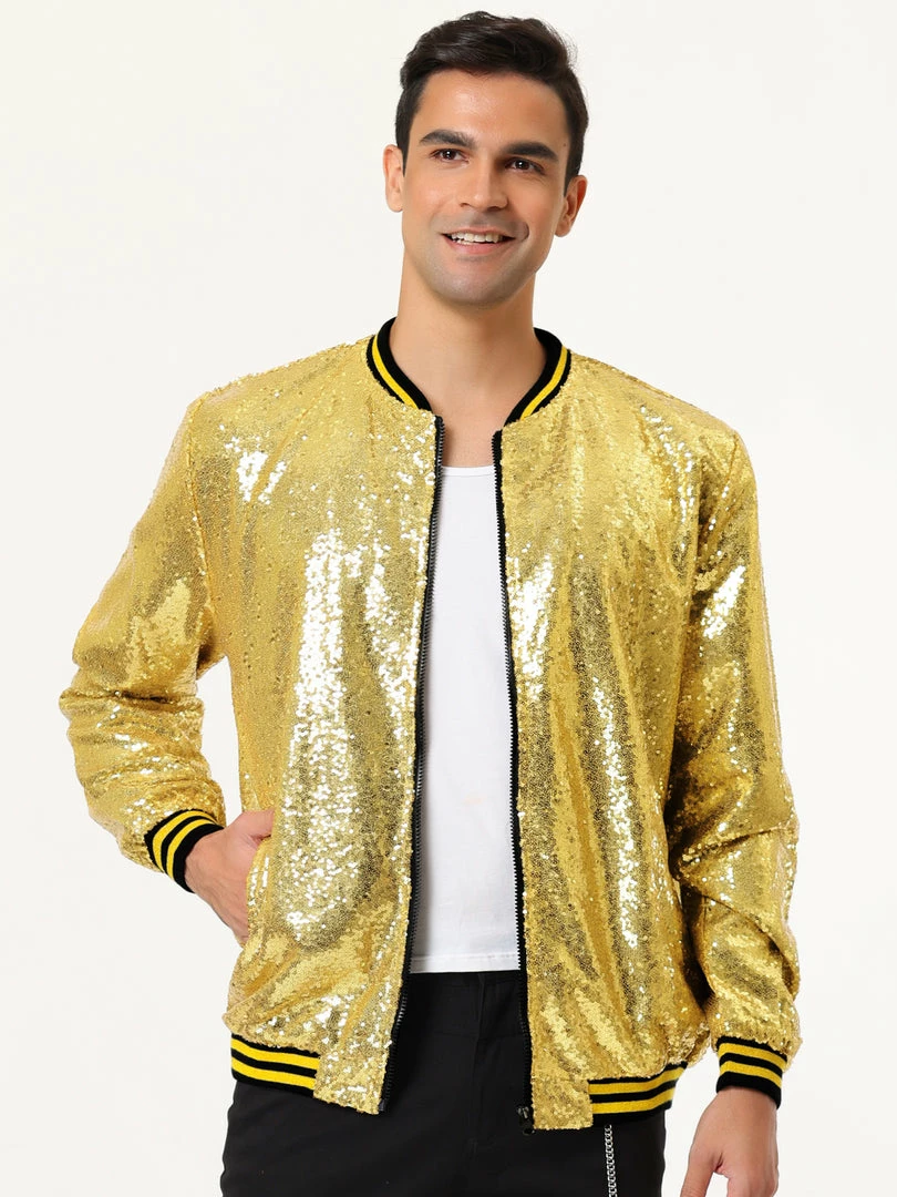 Allegra K Men's Sequin Varsity Jacket Long Sleeve Zipper Glitter Sequins Bomber Jacket 24 Allegra K Men's Sequin Varsity Jacket Long Sleeve Zipper Glitter Sequins Bomber Jacket