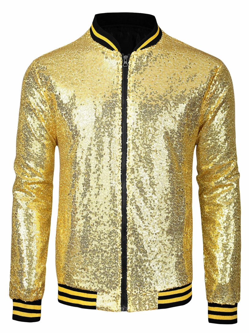 Allegra K Men's Sequin Varsity Jacket Long Sleeve Zipper Glitter Sequins Bomber Jacket 22 Allegra K Men's Sequin Varsity Jacket Long Sleeve Zipper Glitter Sequins Bomber Jacket