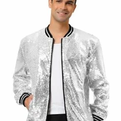 Allegra K Men's Sequin Varsity Jacket Long Sleeve Zipper Glitter Sequins Bomber Jacket 58 Allegra K Men's Sequin Varsity Jacket Long Sleeve Zipper Glitter Sequins Bomber Jacket