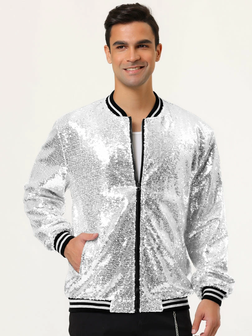 Allegra K Men's Sequin Varsity Jacket Long Sleeve Zipper Glitter Sequins Bomber Jacket 18 Allegra K Men's Sequin Varsity Jacket Long Sleeve Zipper Glitter Sequins Bomber Jacket
