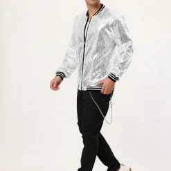 Allegra K Men's Sequin Varsity Jacket Long Sleeve Zipper Glitter Sequins Bomber Jacket 60 Allegra K Men's Sequin Varsity Jacket Long Sleeve Zipper Glitter Sequins Bomber Jacket