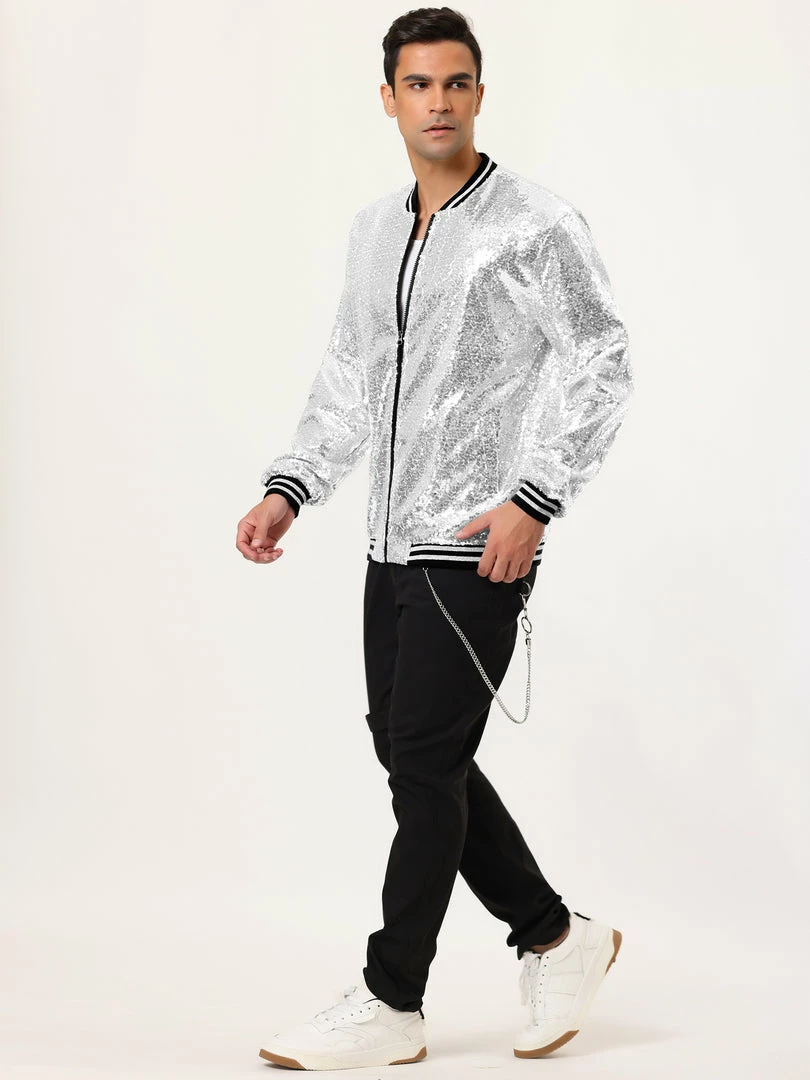 Allegra K Men's Sequin Varsity Jacket Long Sleeve Zipper Glitter Sequins Bomber Jacket 19 Allegra K Men's Sequin Varsity Jacket Long Sleeve Zipper Glitter Sequins Bomber Jacket