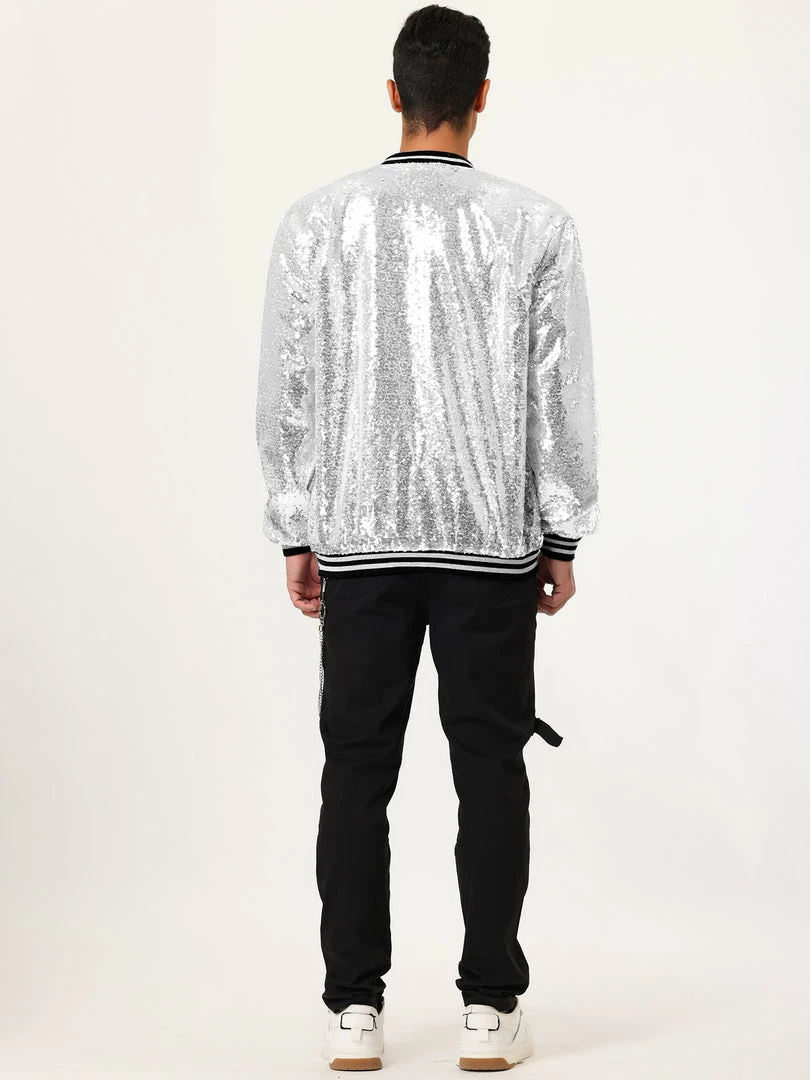 Allegra K Men's Sequin Varsity Jacket Long Sleeve Zipper Glitter Sequins Bomber Jacket 20 Allegra K Men's Sequin Varsity Jacket Long Sleeve Zipper Glitter Sequins Bomber Jacket