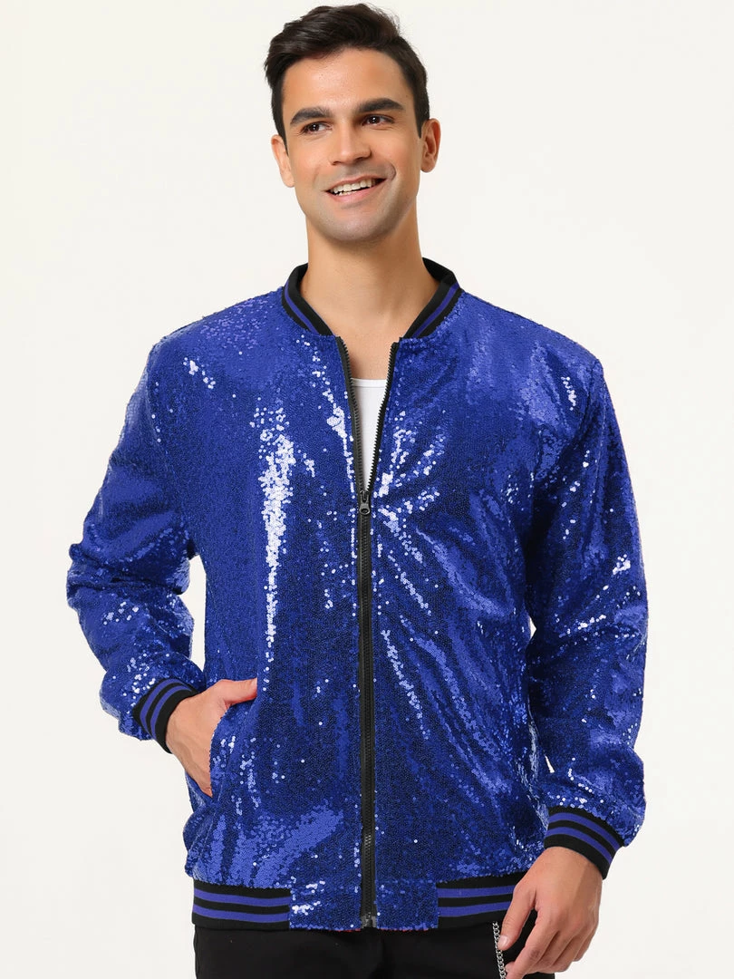 Allegra K Men's Sequin Varsity Jacket Long Sleeve Zipper Glitter Sequins Bomber Jacket 41 Allegra K Men's Sequin Varsity Jacket Long Sleeve Zipper Glitter Sequins Bomber Jacket