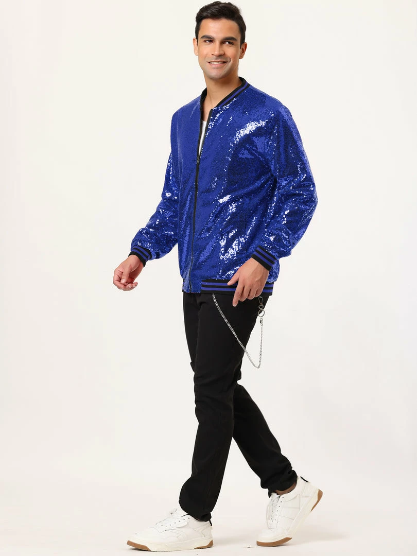 Allegra K Men's Sequin Varsity Jacket Long Sleeve Zipper Glitter Sequins Bomber Jacket 42 Allegra K Men's Sequin Varsity Jacket Long Sleeve Zipper Glitter Sequins Bomber Jacket