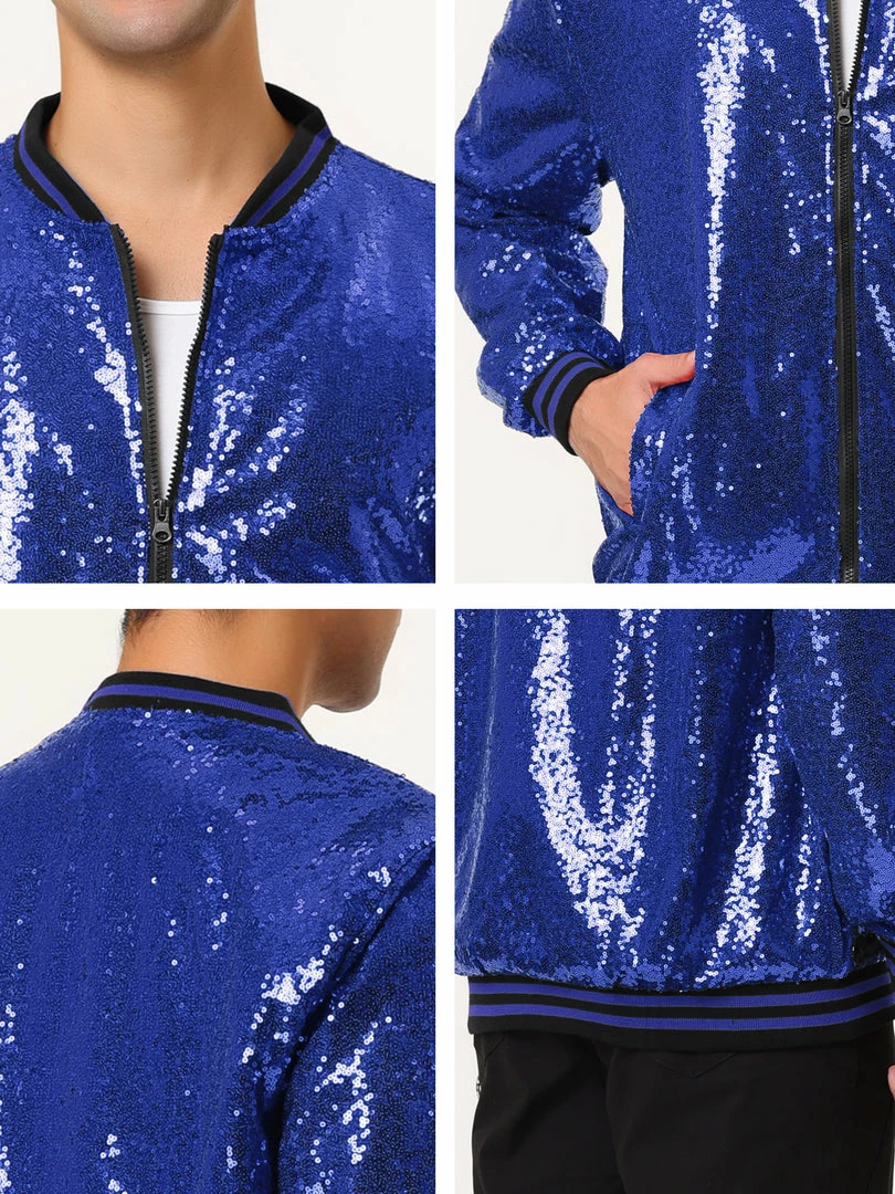 Allegra K Men's Sequin Varsity Jacket Long Sleeve Zipper Glitter Sequins Bomber Jacket 44 Allegra K Men's Sequin Varsity Jacket Long Sleeve Zipper Glitter Sequins Bomber Jacket