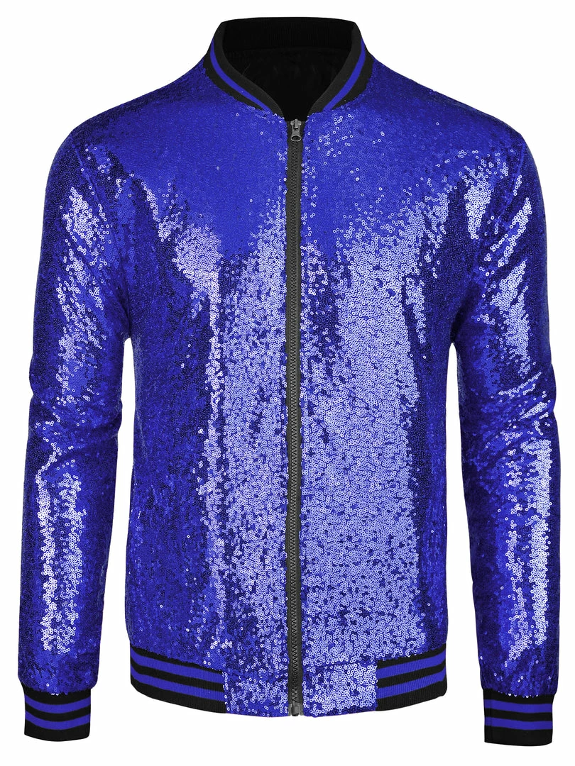 Allegra K Men's Sequin Varsity Jacket Long Sleeve Zipper Glitter Sequins Bomber Jacket 39 Allegra K Men's Sequin Varsity Jacket Long Sleeve Zipper Glitter Sequins Bomber Jacket