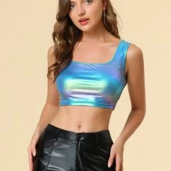 Allegra K Women's U Neck Sleeveless Party Clubwear Shiny Metallic Crop Top