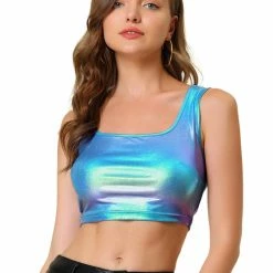 Allegra K Women's U Neck Sleeveless Party Clubwear Shiny Metallic Crop Top