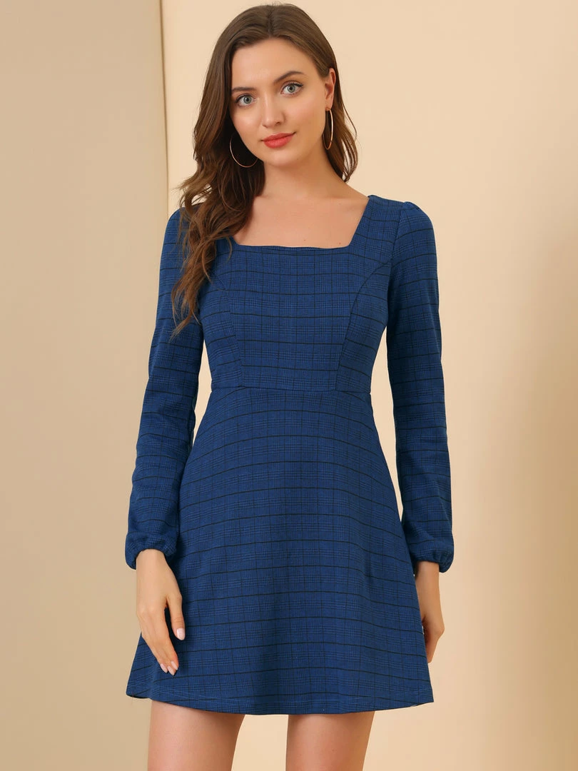 Women Allegra K Houndstooth Plaid Square Neck Long Sleeve Dress 29 Women Allegra K Houndstooth Plaid Square Neck Long Sleeve Dress