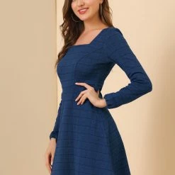 Women Allegra K Houndstooth Plaid Square Neck Long Sleeve Dress 67 Women Allegra K Houndstooth Plaid Square Neck Long Sleeve Dress