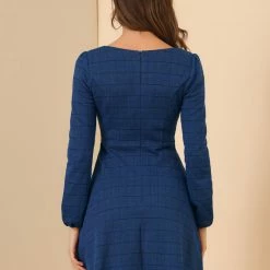 Women Allegra K Houndstooth Plaid Square Neck Long Sleeve Dress 68 Women Allegra K Houndstooth Plaid Square Neck Long Sleeve Dress