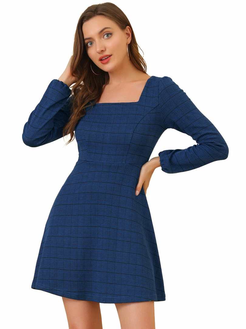 Women Allegra K Houndstooth Plaid Square Neck Long Sleeve Dress 28 Women Allegra K Houndstooth Plaid Square Neck Long Sleeve Dress