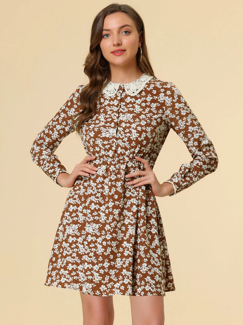 Allegra K Women's Peter Pan Collar Lace Trim Button Long Sleeves Floral Shirt Dress With Belt 29 Allegra K Women's Peter Pan Collar Lace Trim Button Long Sleeves Floral Shirt Dress With Belt