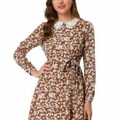 Allegra K Women's Peter Pan Collar Lace Trim Button Long Sleeves Floral Shirt Dress With Belt 58 Allegra K Women's Peter Pan Collar Lace Trim Button Long Sleeves Floral Shirt Dress With Belt