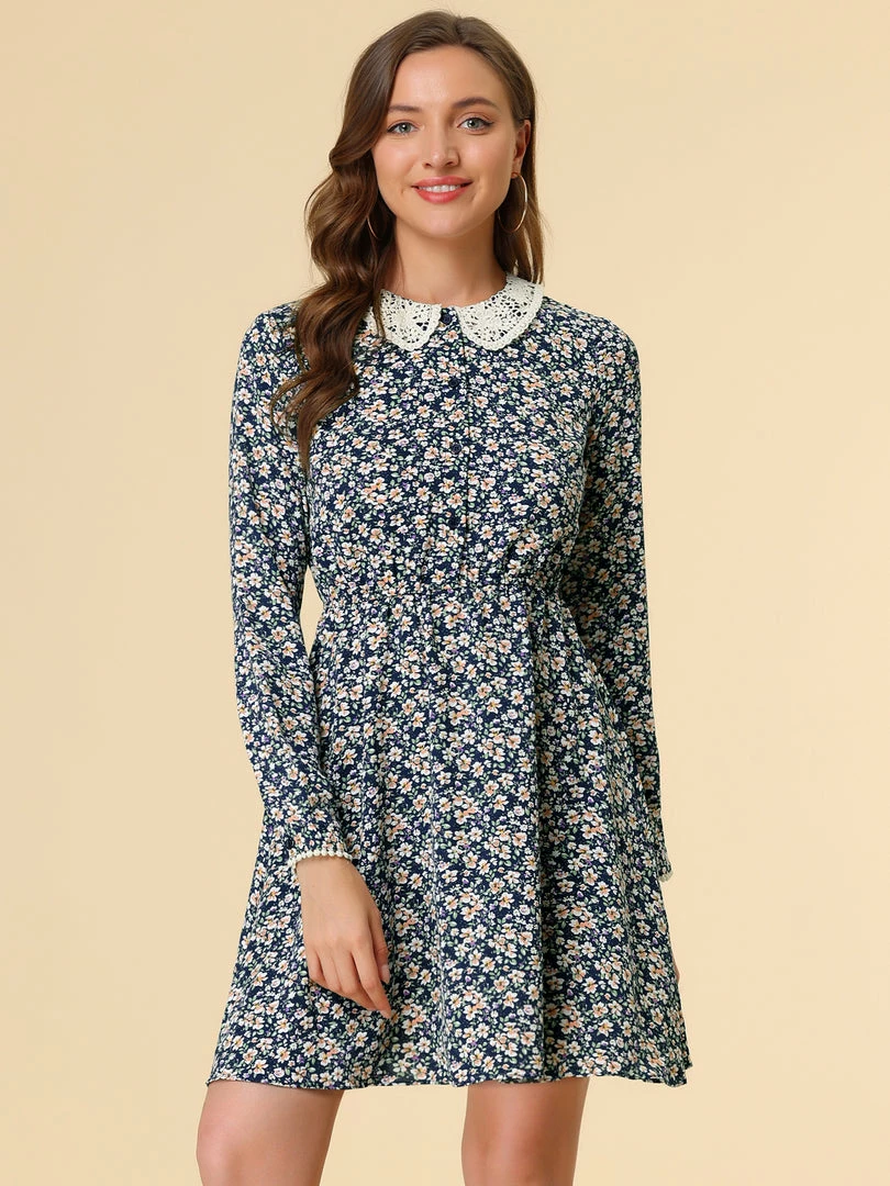 Allegra K Women's Peter Pan Collar Lace Trim Button Long Sleeves Floral Shirt Dress With Belt 23 Allegra K Women's Peter Pan Collar Lace Trim Button Long Sleeves Floral Shirt Dress With Belt